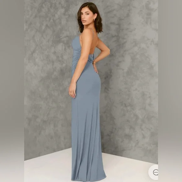 Azazie Sophisticated Gray Draped Midi Dress - Picture 2 of 16